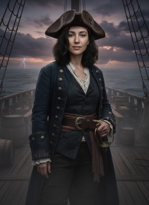 Sample PortraitPop output: the same model as a pirate