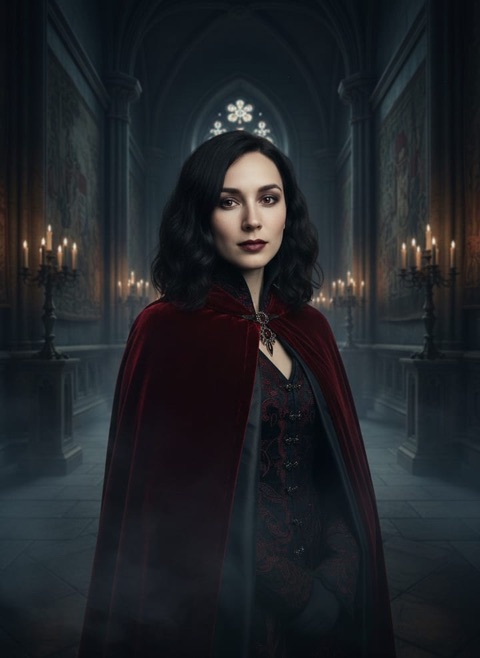 Sample PortraitPop output: the model as a vampire