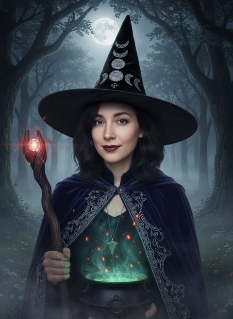 Sample PortraitPop output: the same model as a witch